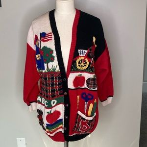 Vintage Teacher School Knit Cardigan ABC Apple XL